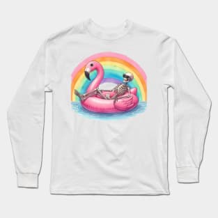 Funny Skeleton on Flamingo Floatie Long Sleeve T-Shirt